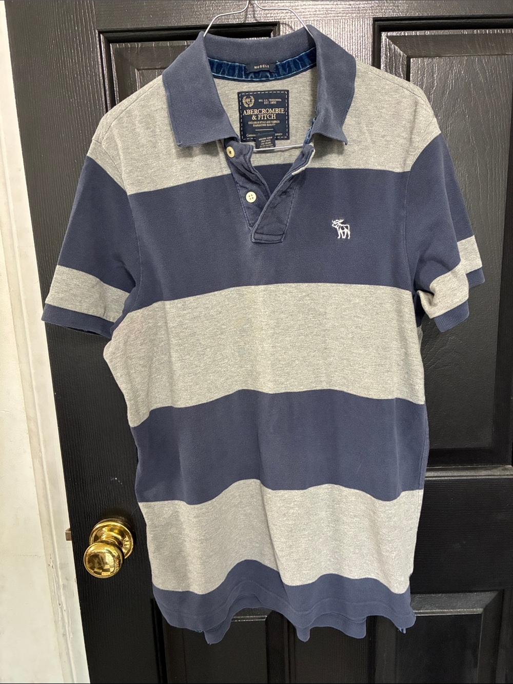 Abercrombie & Fitch Navy and Gray Horizontal Stripe Polo